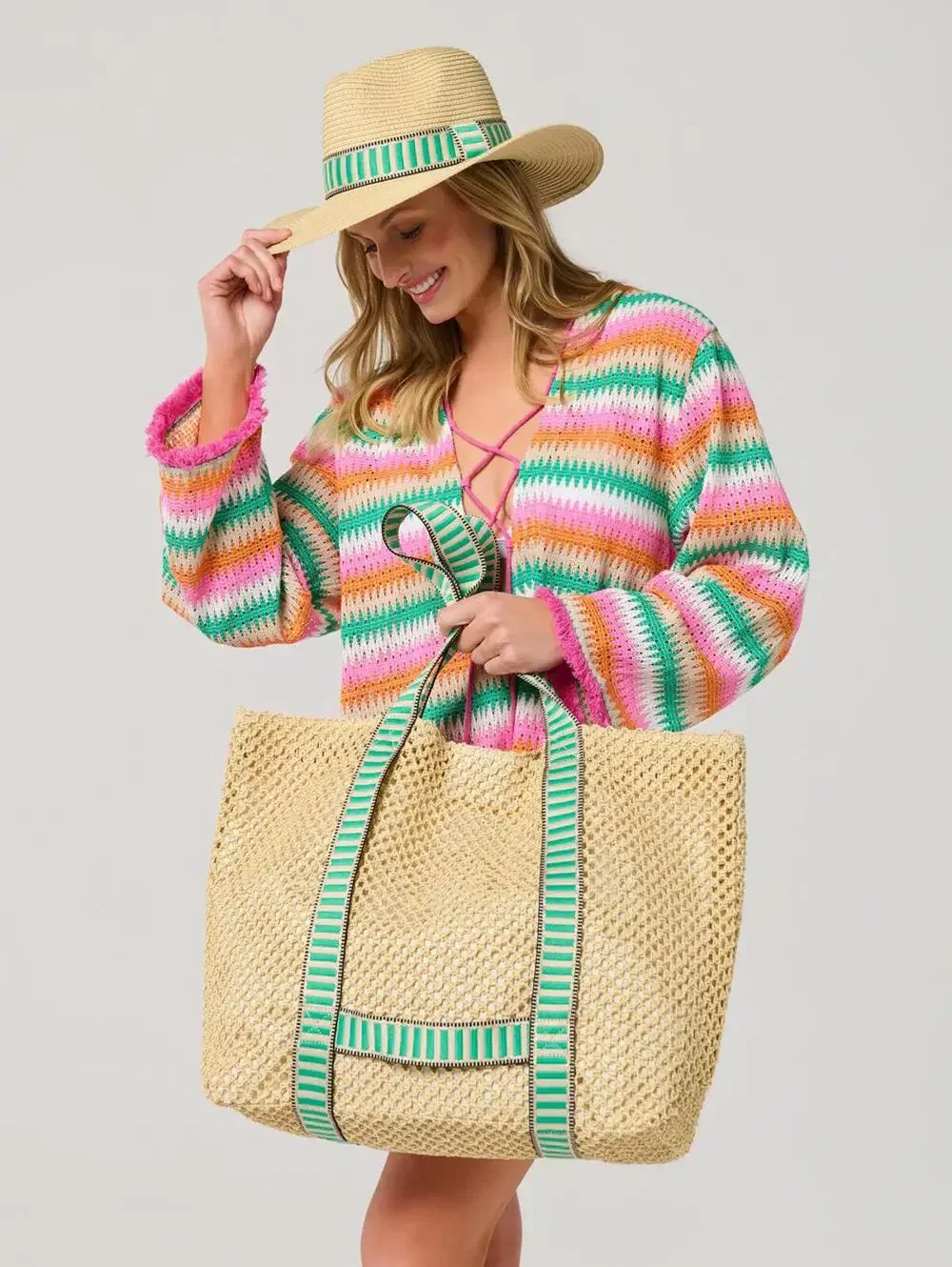 Beach Bag Shiraleah Green Hat and Tote Set, Natural Dorian Travel Beach Bag - Picture 3 of 9